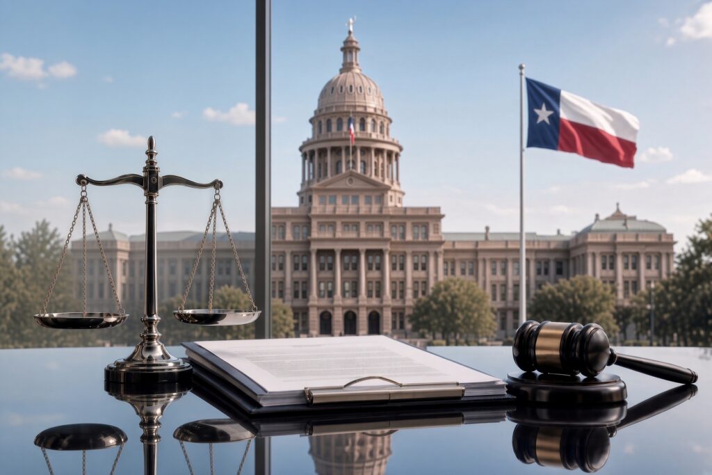 Texas State Capitol with scales of justice and a gavel representing secure legal records storage