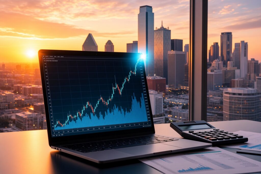 Dallas skyline at sunset behind a laptop showing a financial chart