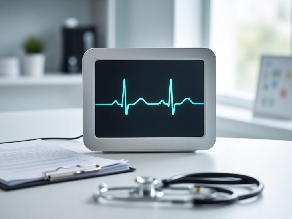 Heart-rate monitor on a clinical desk representing secure medical records care